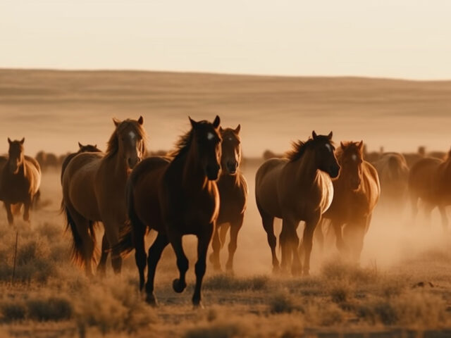 Running stallion in tranquil meadow at sunset generated by artificial intelligence